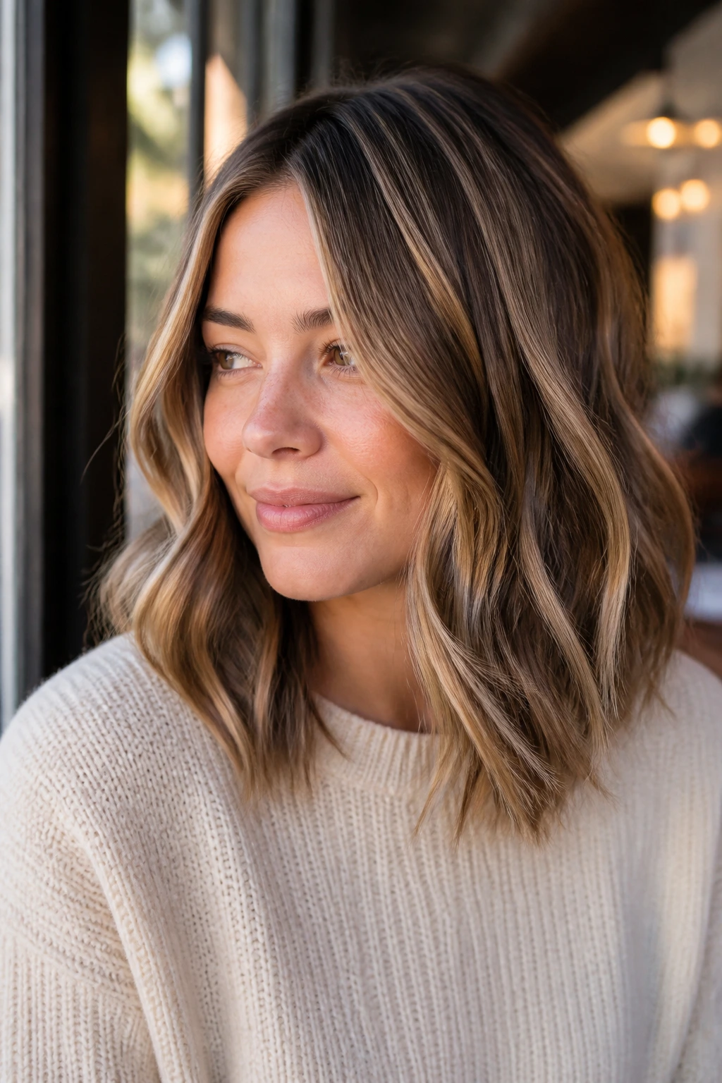 Close-up of a real person with caramel blonde ribbon highlights in softly waved medium-length hair.