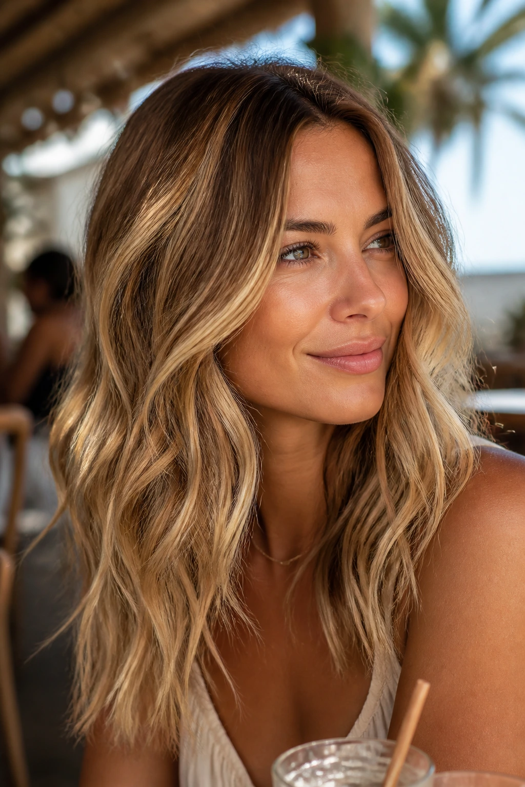 Close-up portrait of a real woman with caramel root melt and sun-kissed blonde ends