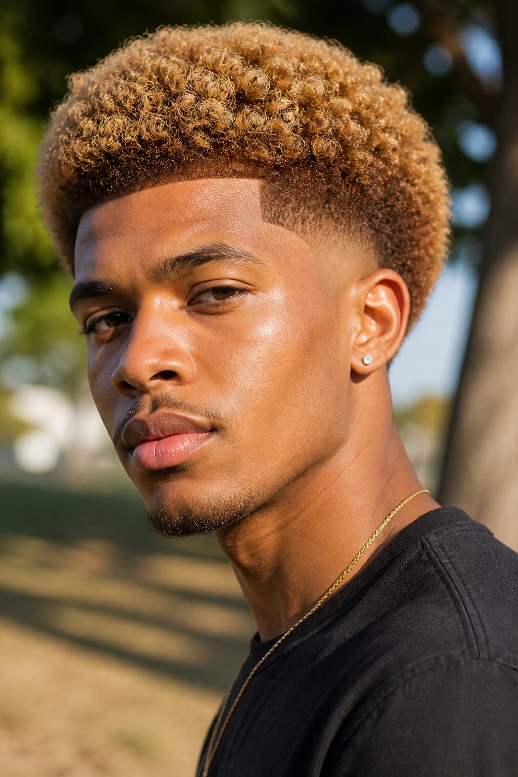 Close-up of a man with a caramel-blonde tapered Afro in an outdoor setting