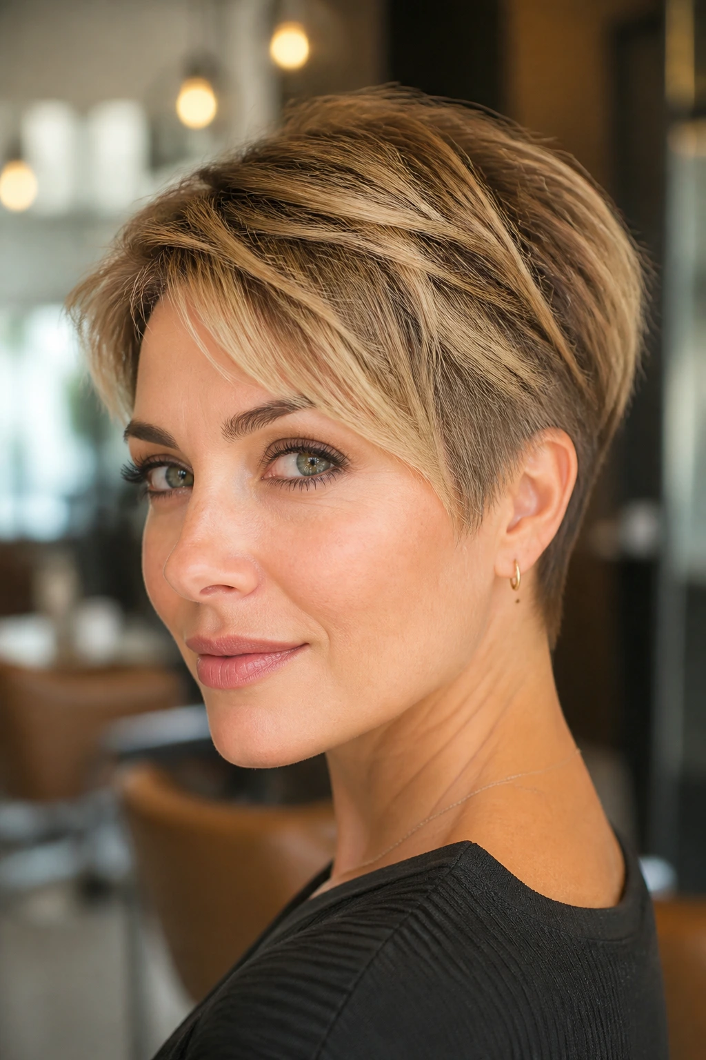Portrait of a real person with caramel blonde tapered crop in a warm salon