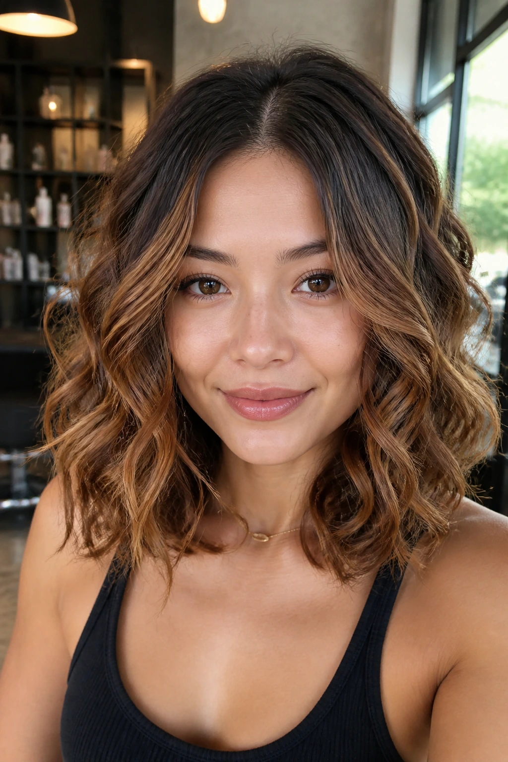 Close-up of a real woman with caramel bronde curls in warm lighting
