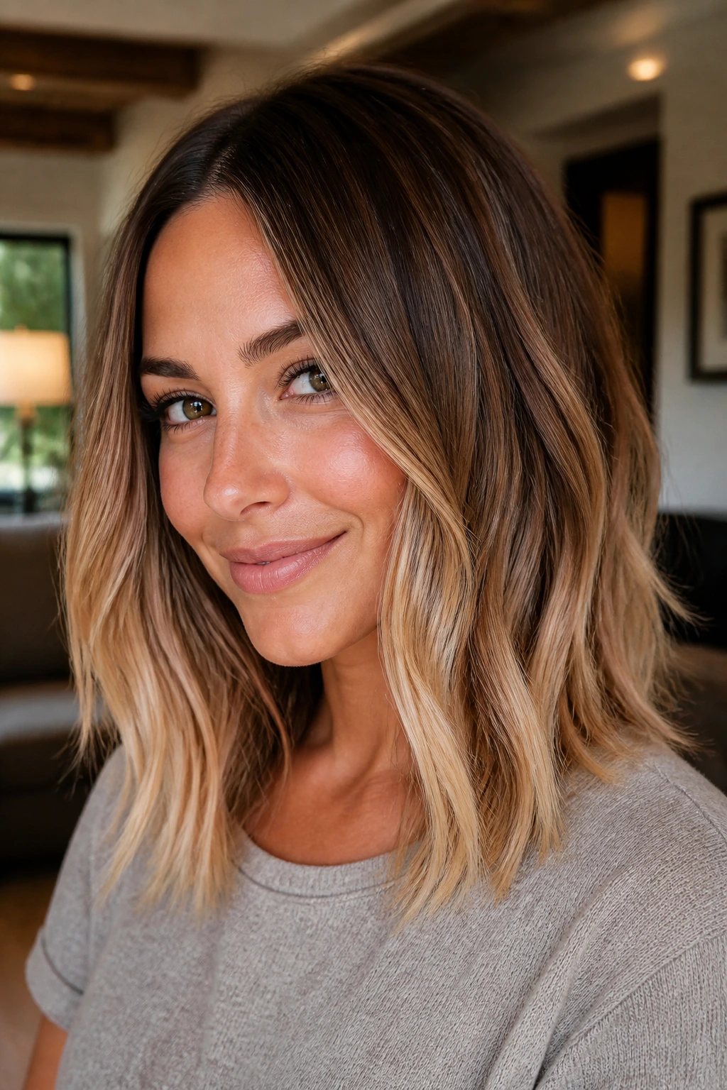 Close-up portrait of a real woman with caramel bronde melt and bright ends