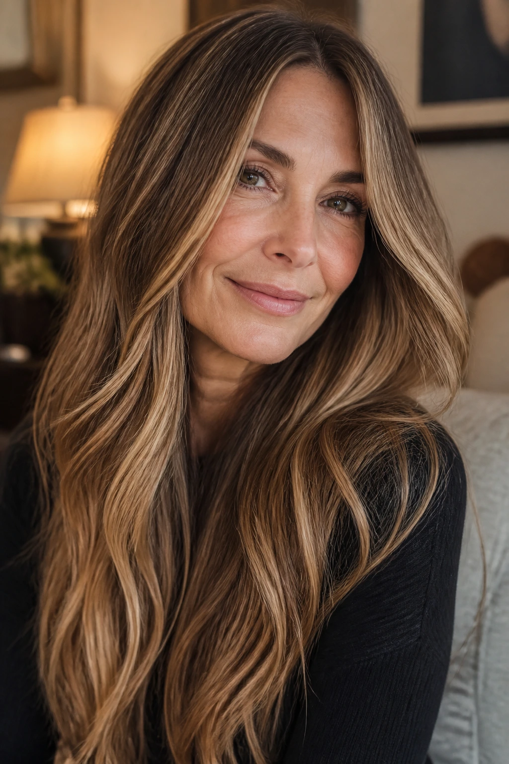 Real woman with Caramel Bronde Ribbons hair featuring caramel and light blonde ribbons.