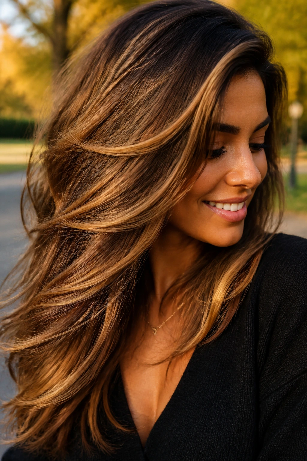 Close-up portrait of a real woman with caramel bronze swirl in windy outdoor light