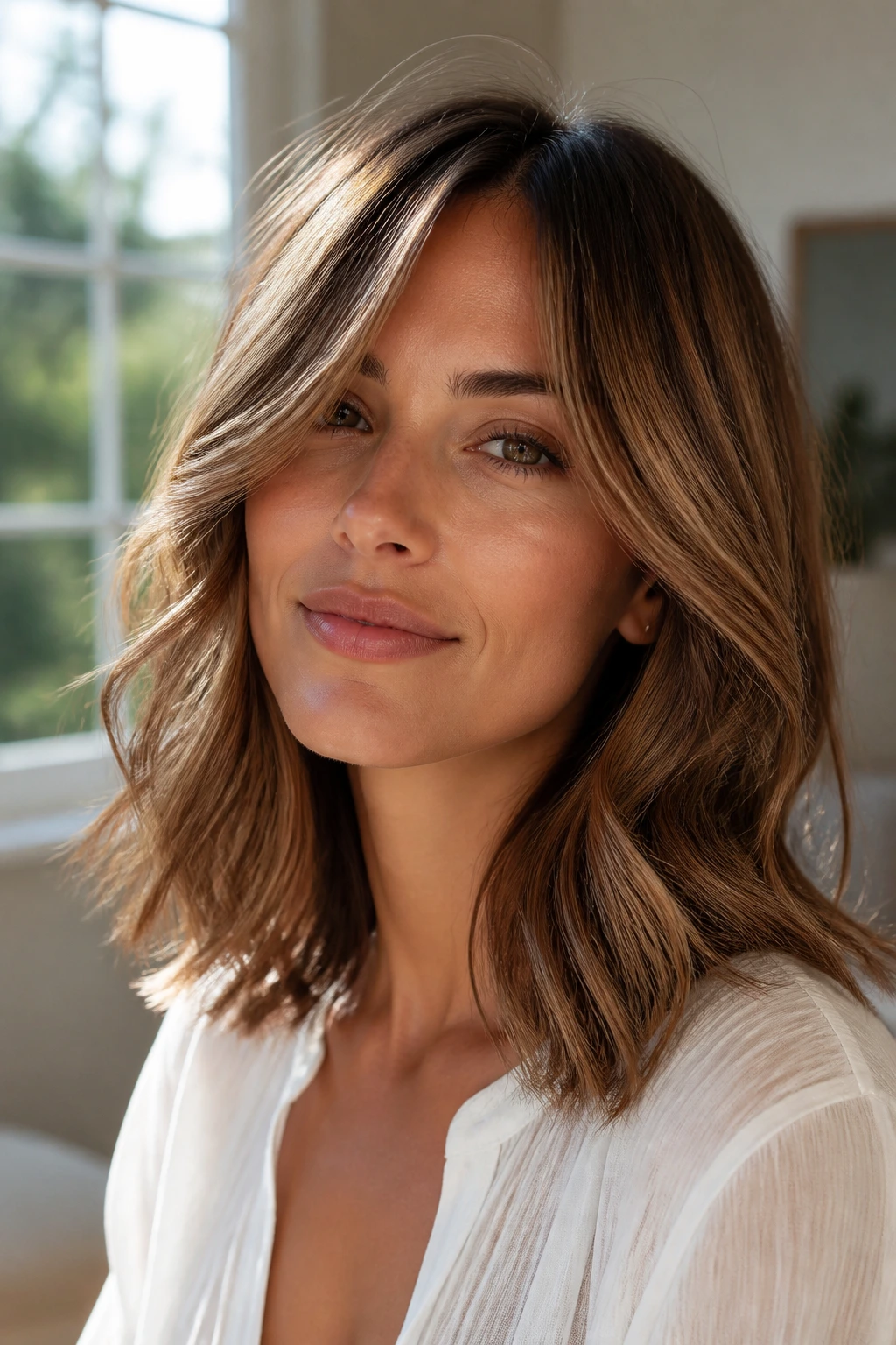 Portrait of a woman with warm caramel-brown hair and curtain bangs in natural daylight.