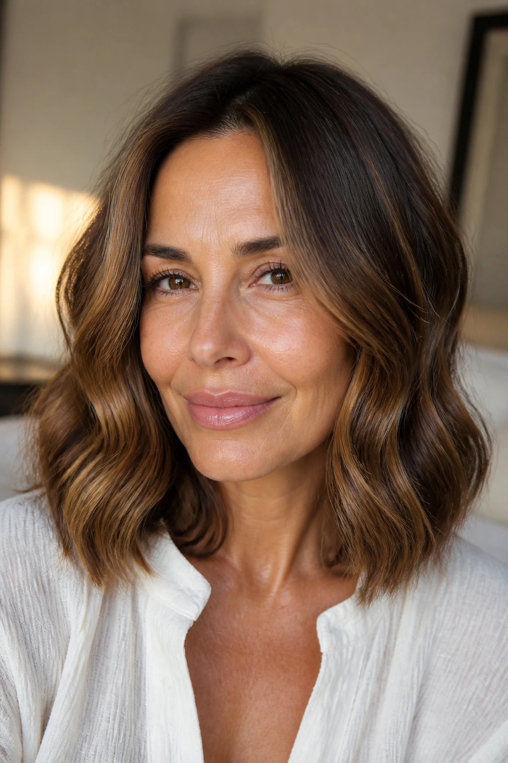 Close-up of a real woman with a caramel brunette lob and mid-shaft waves