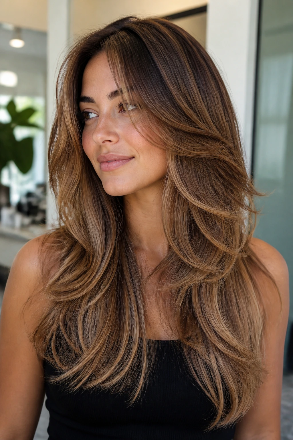 Real-person portrait with caramel butterfly cut showing short top layers and longer underlayers