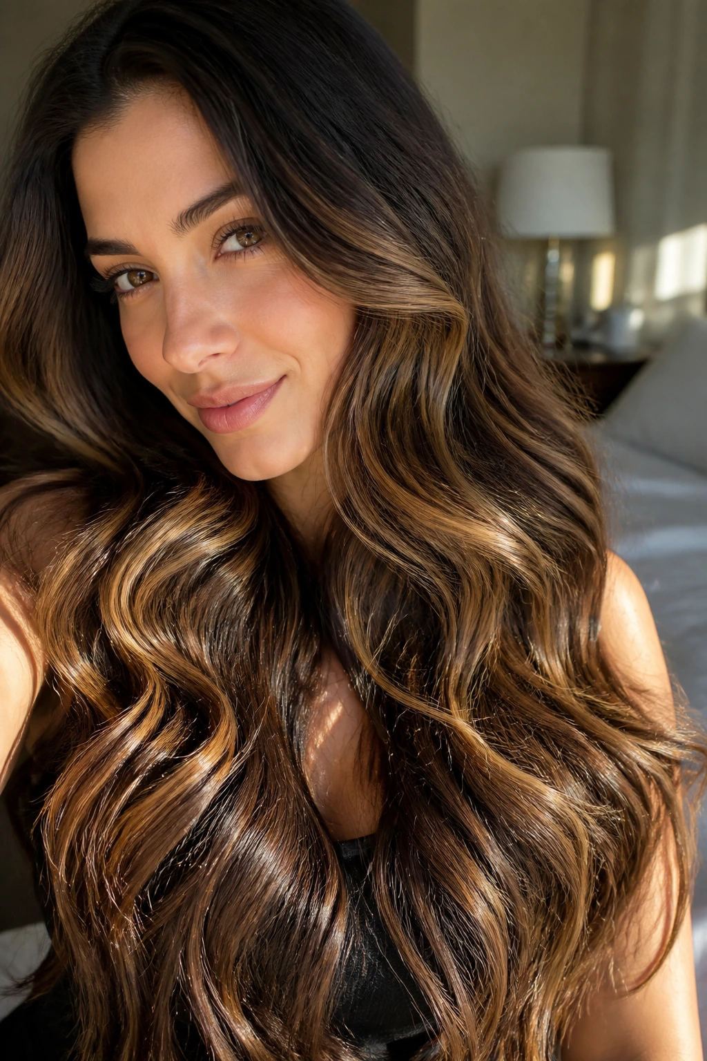 Close-up of a real woman with caramel ribbons weaving through long thick hair in loose waves