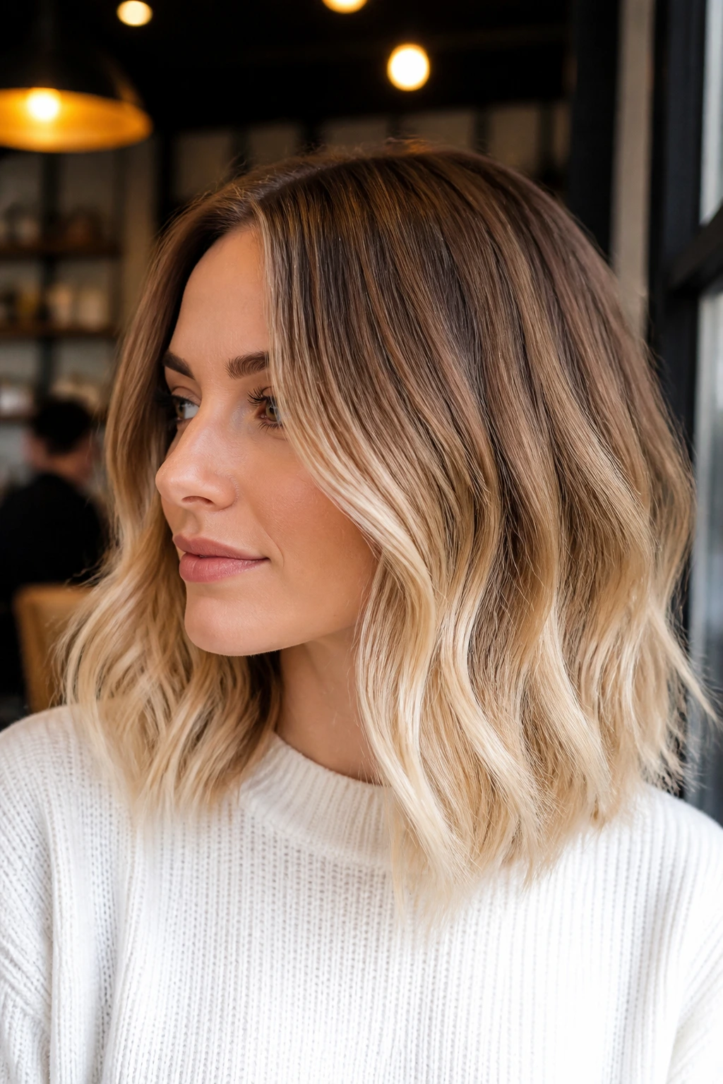 Portrait of a real woman with caramel to champagne blonde ombre on shoulder-length hair