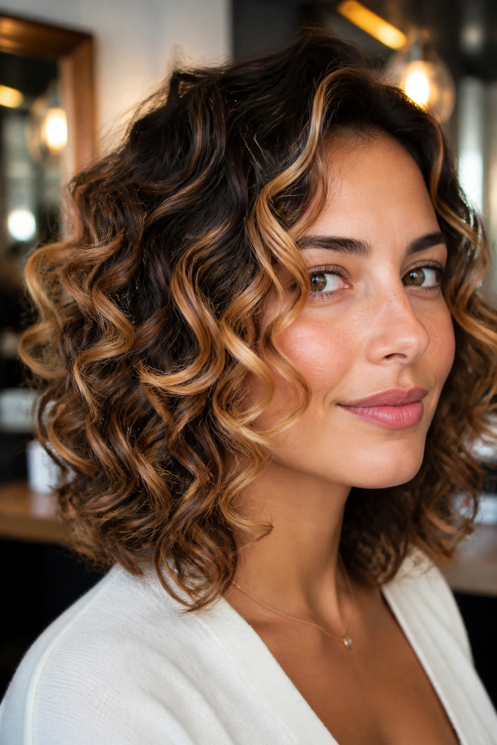 Close-up of curly hair with caramel contour highlights framing the face