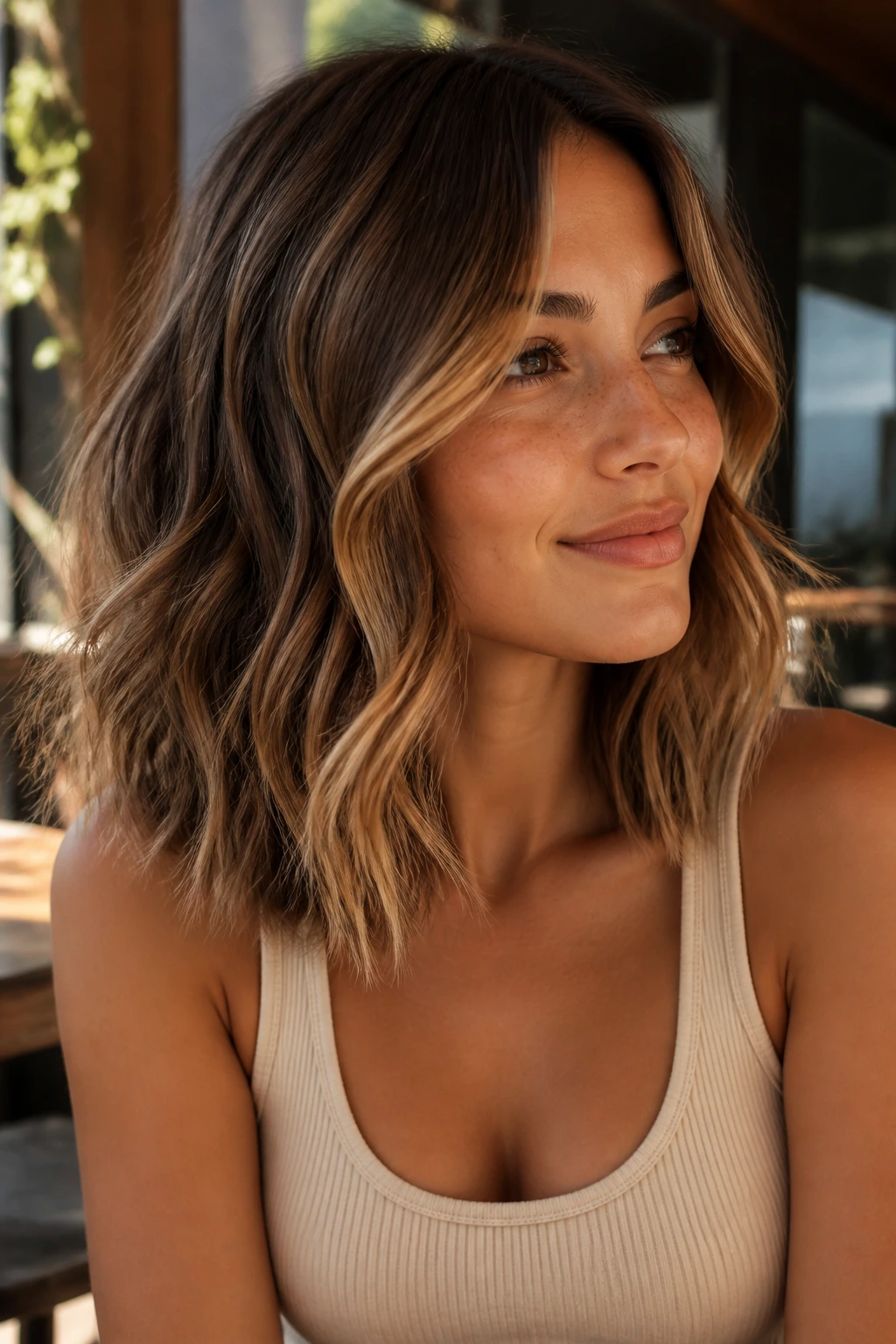 Close-up of a real woman with caramel contour highlights on a wavy lob