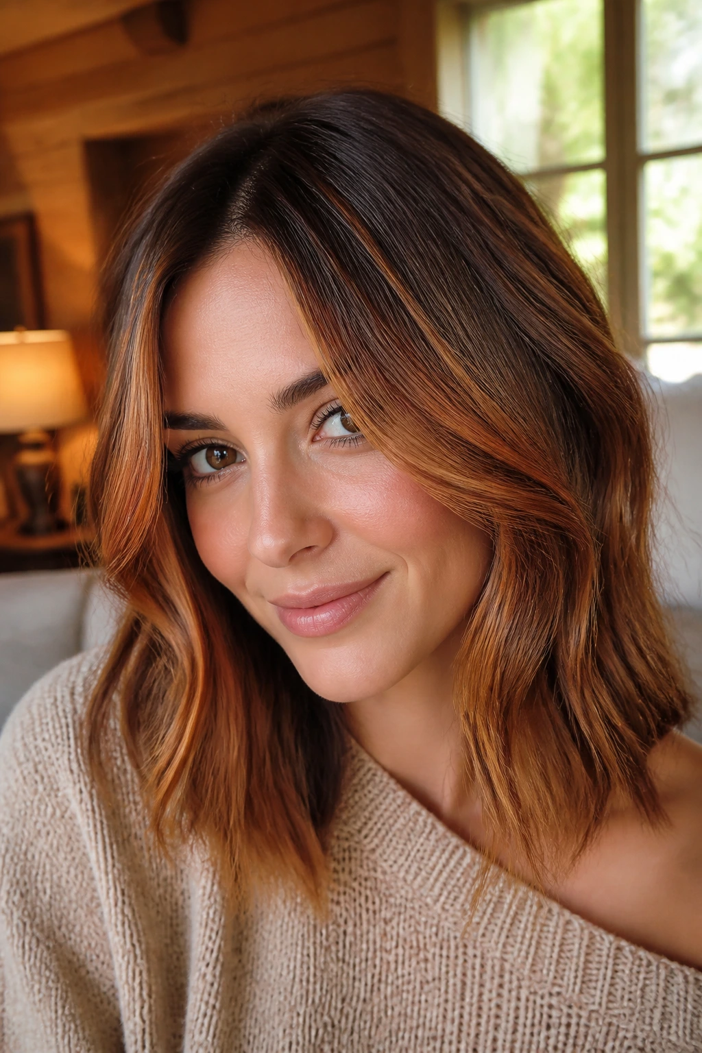 Close-up of a woman with spiced caramel copper highlights in brown hair