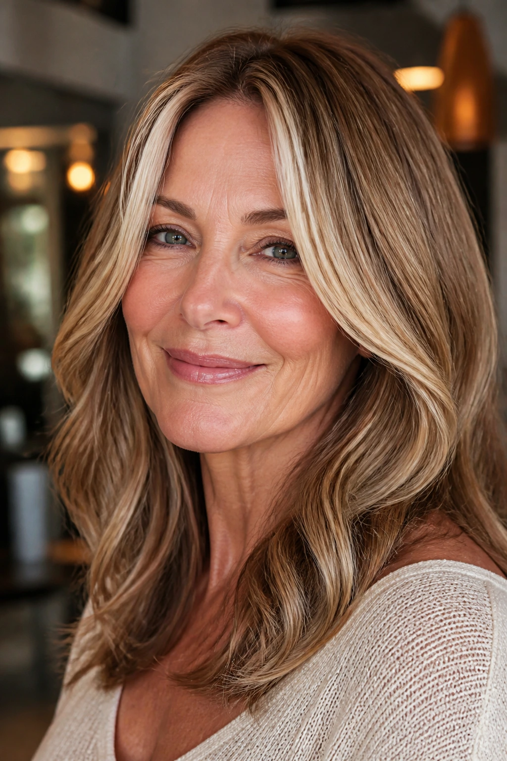 Close-up of a real woman with caramel cream blonde hair and face-framing ribbons