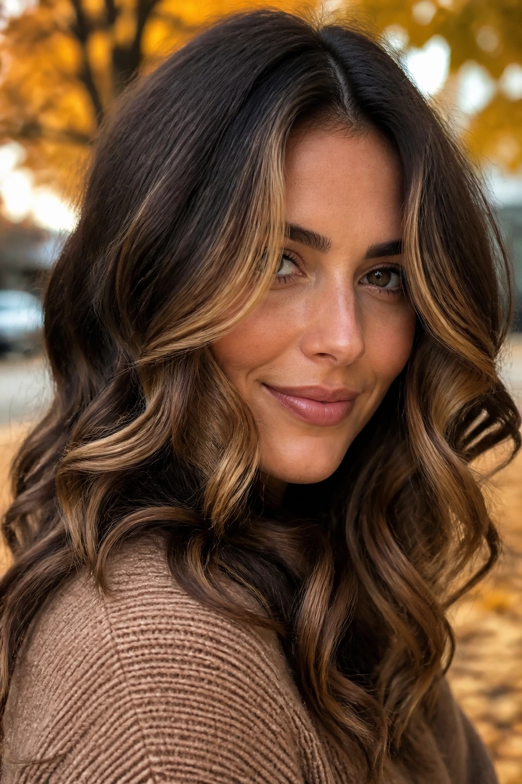 Close-up portrait with face-framing caramel curls framing the face