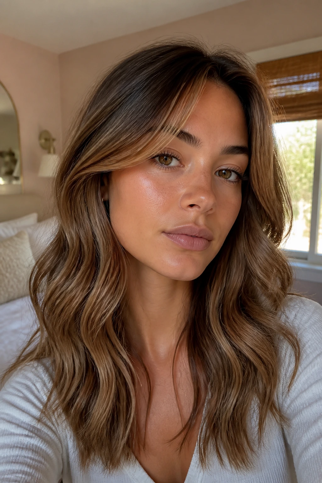 Close-up of a real person with caramel curtain bangs and a caramel money piece on wavy hair in warm window light