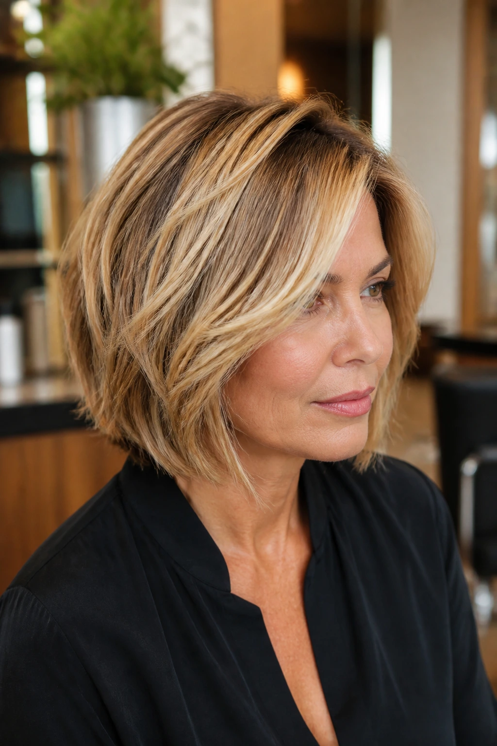 Close-up of a woman with caramel-dimension blonde bob in warm salon lighting