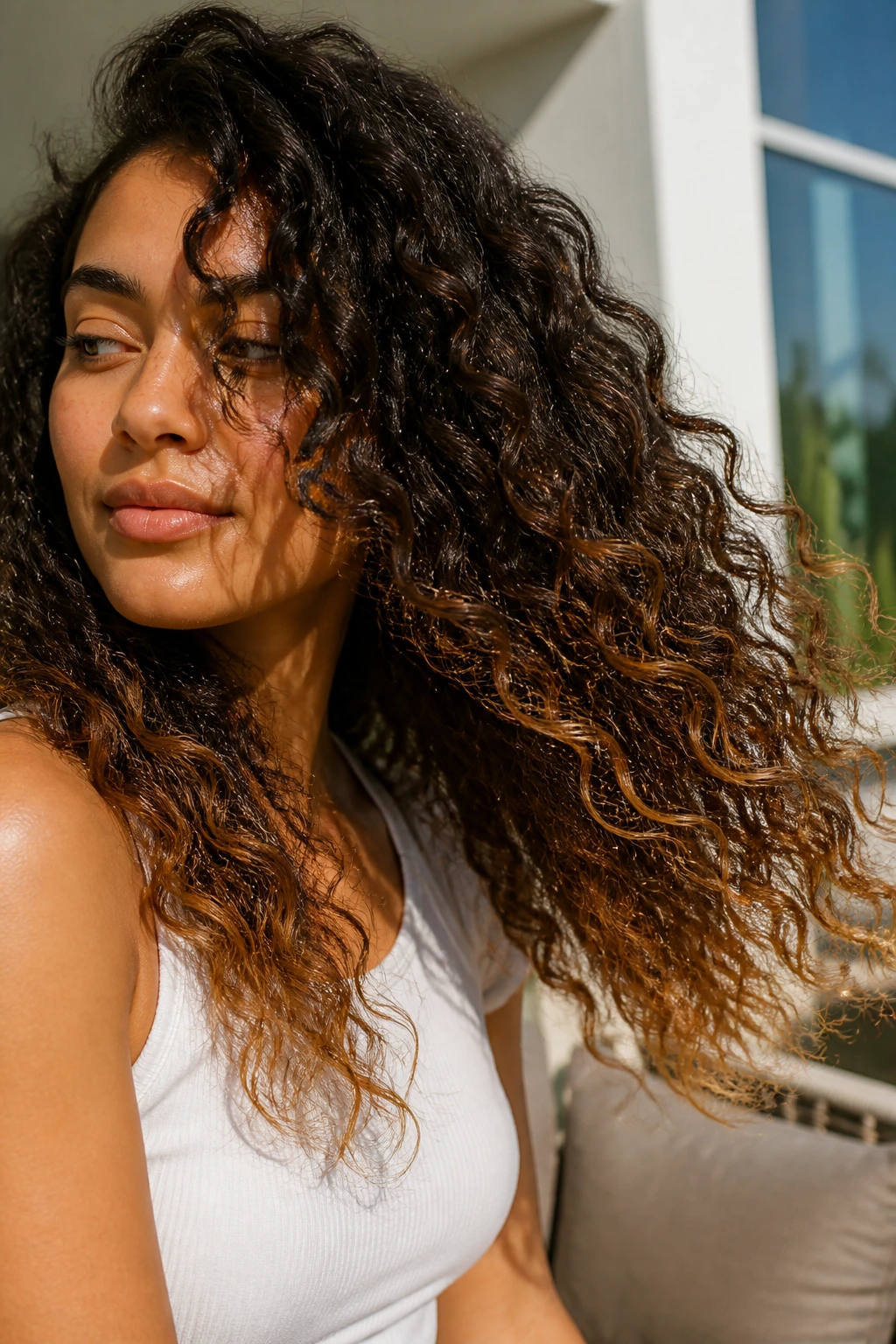 Close-up of long curly hair with caramel-dipped ends