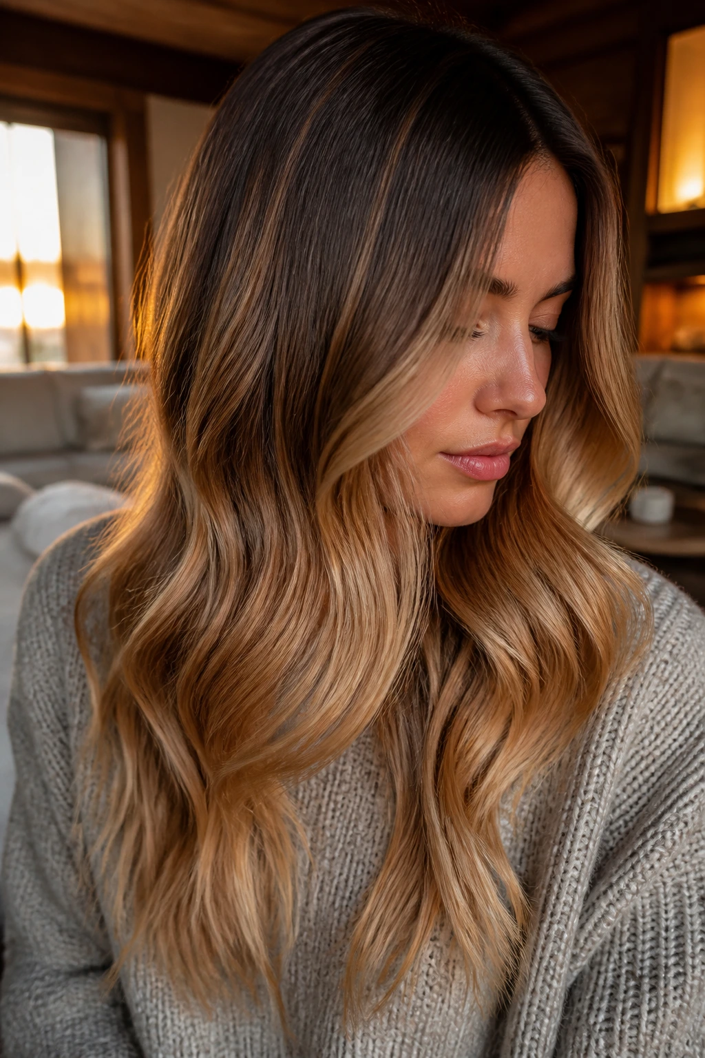 Real person with caramel-dipped ends in long hair.