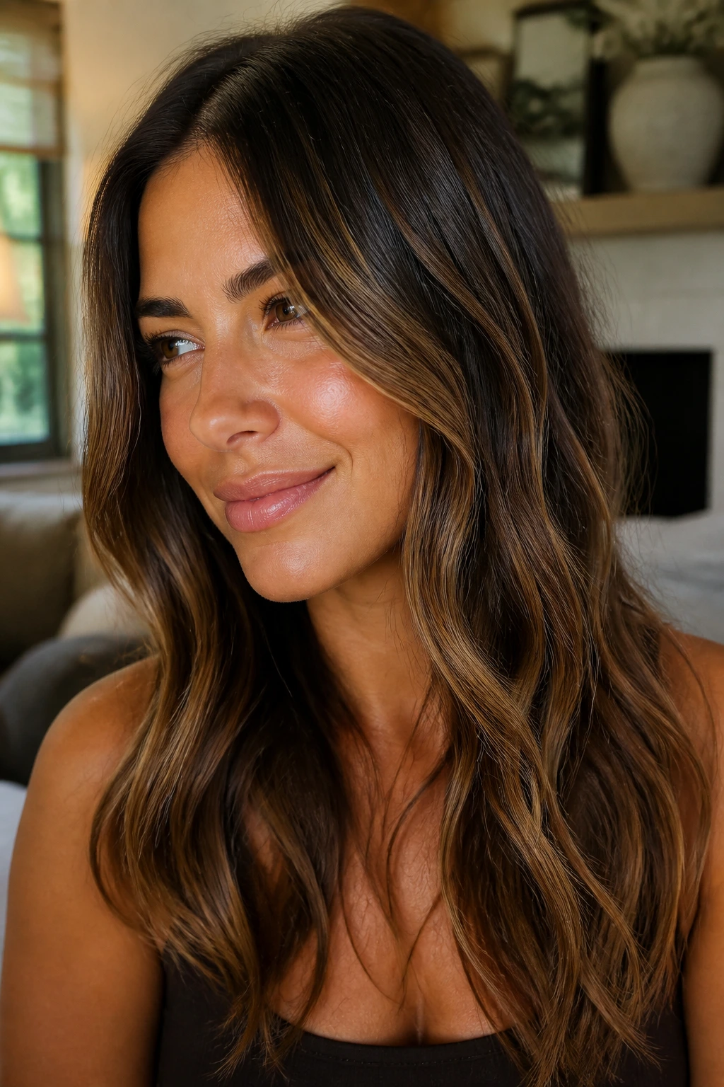 Close-up portrait of a real woman with caramel drizzle highlights on brunette hair