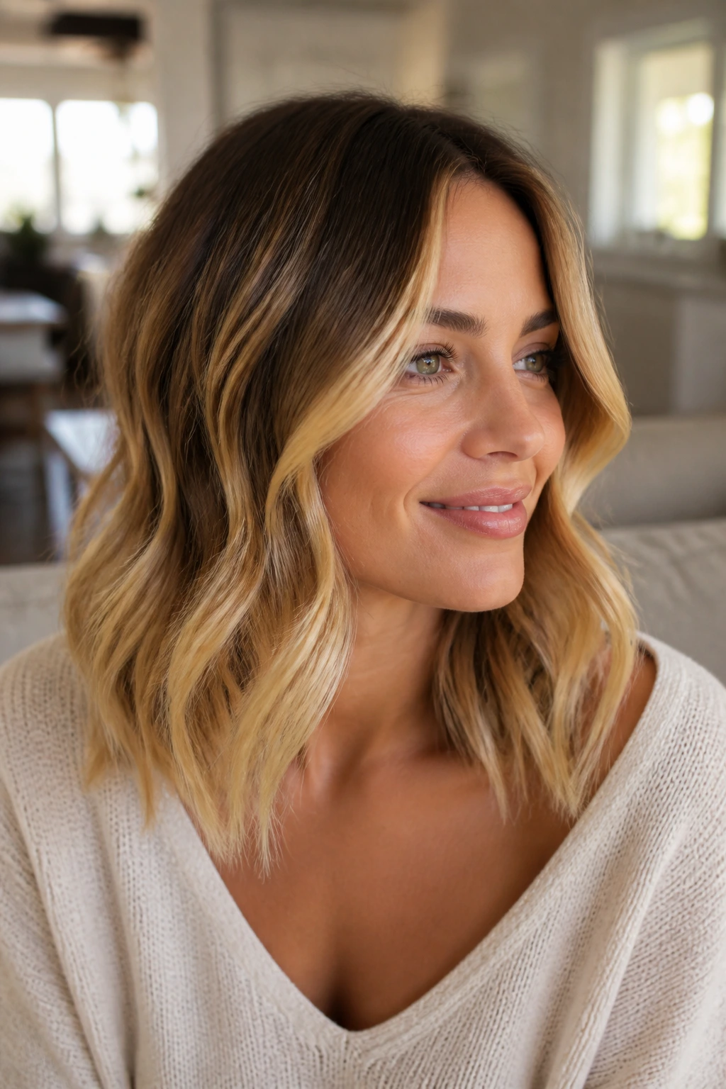 Close-up of a real woman with caramel face frame and blonde ends in warm natural light