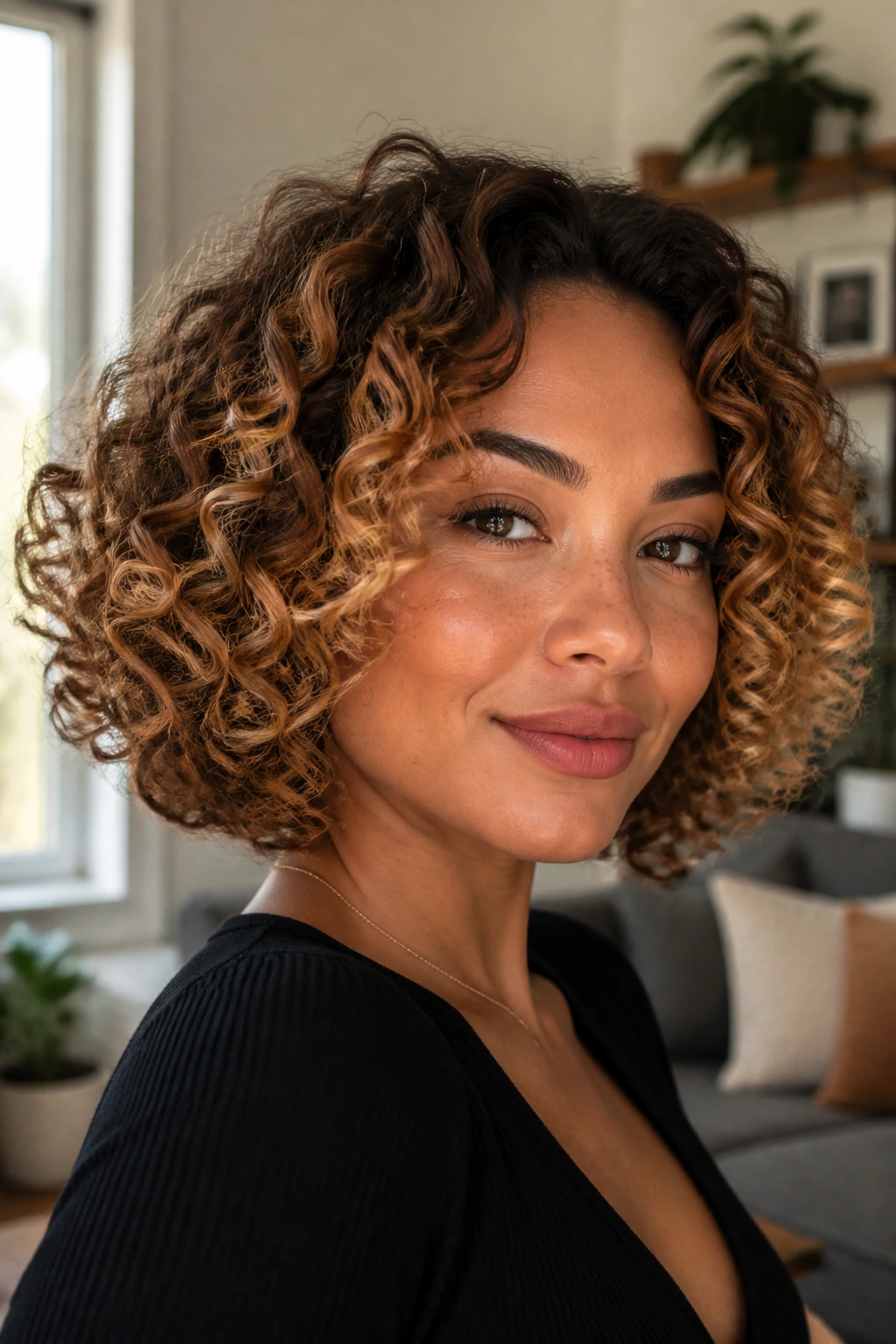 Close-up of a woman with curly bob and caramel face-frame fade under warm window light