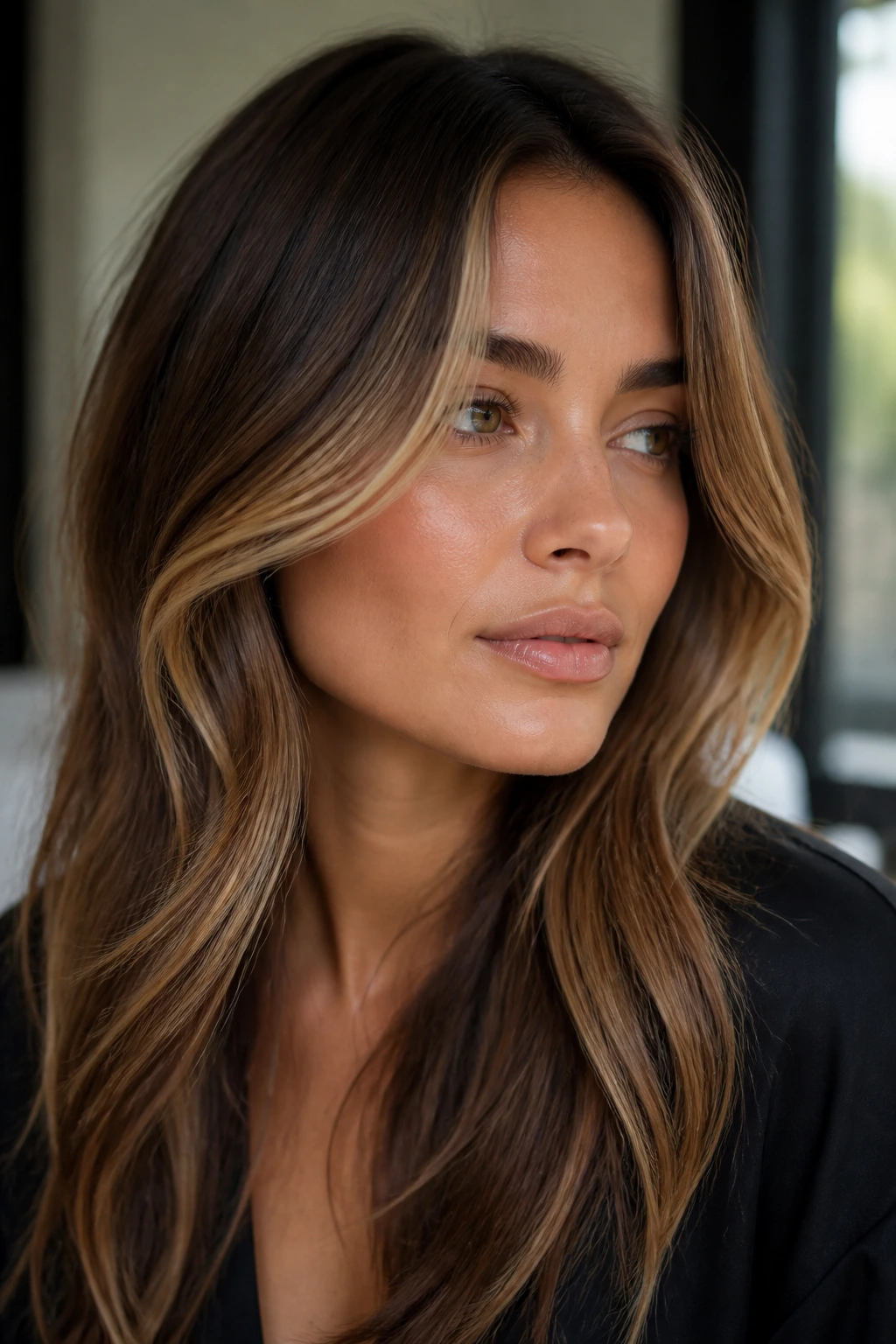 Close-up portrait showing caramel face-framing layers along the front of the hair