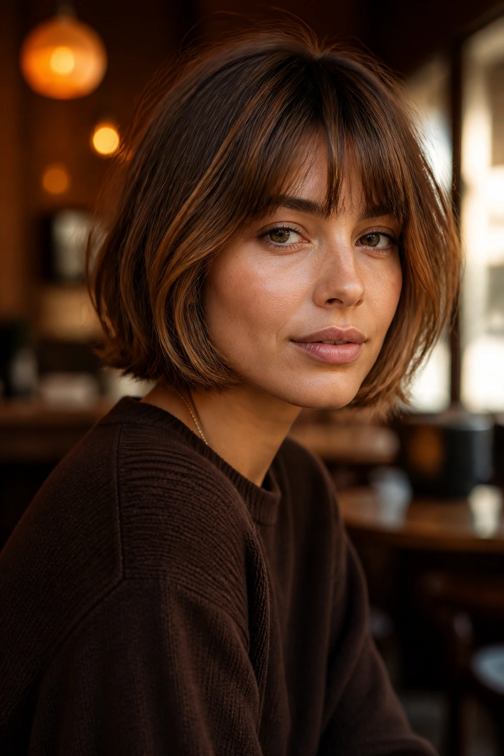 Real woman with caramel French bob and brow-skimming bangs