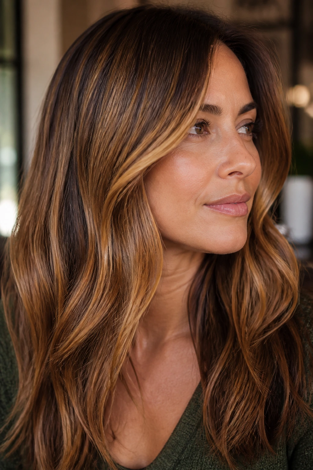 Close-up portrait of a real woman with caramel gloss on light highlighted hair in daylight