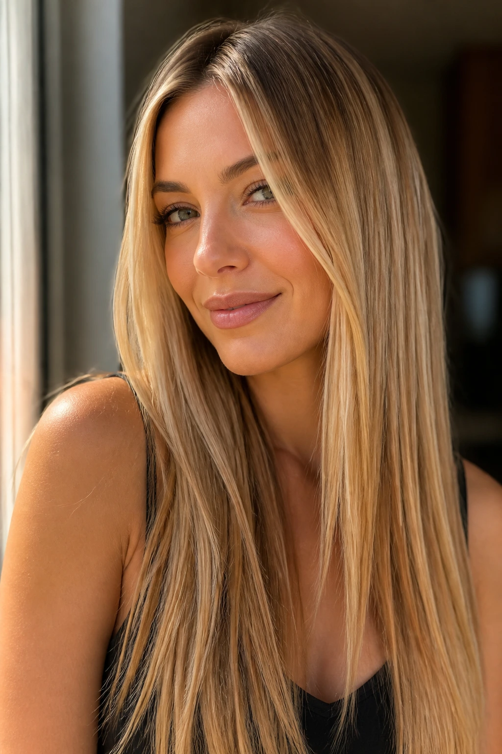 Caramel glow blonde on real person with straight hair