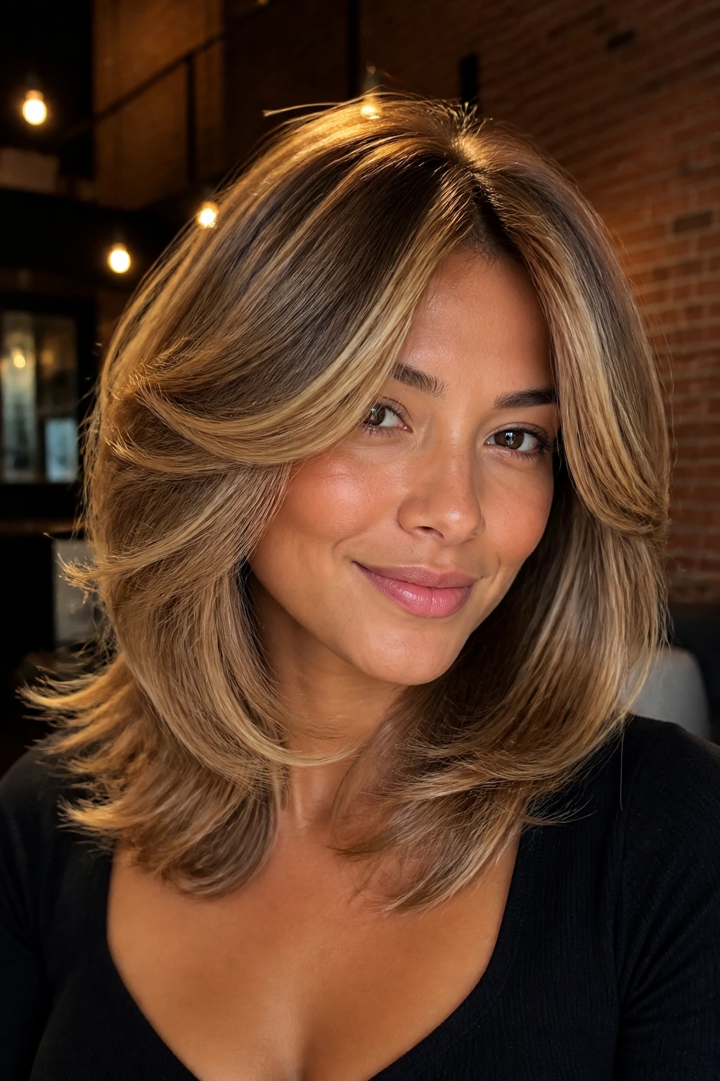 Portrait of a woman with caramel halo layers hairstyle in warm indoor light
