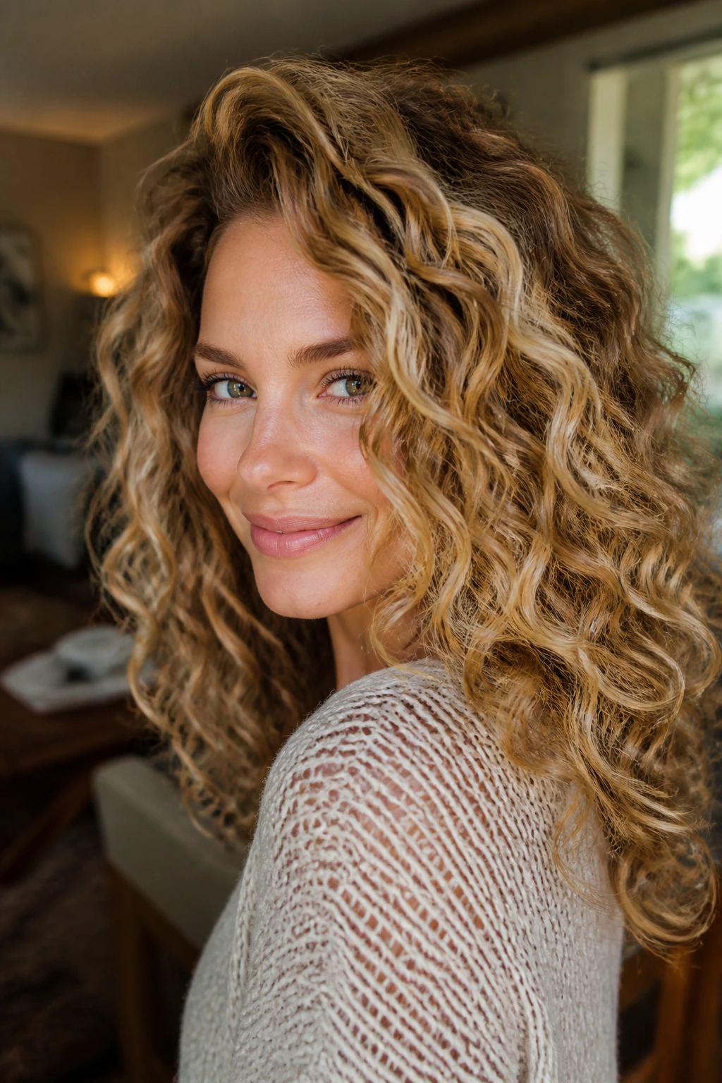 Close-up of a real woman with caramel-threaded blonde curls and warm lowlights