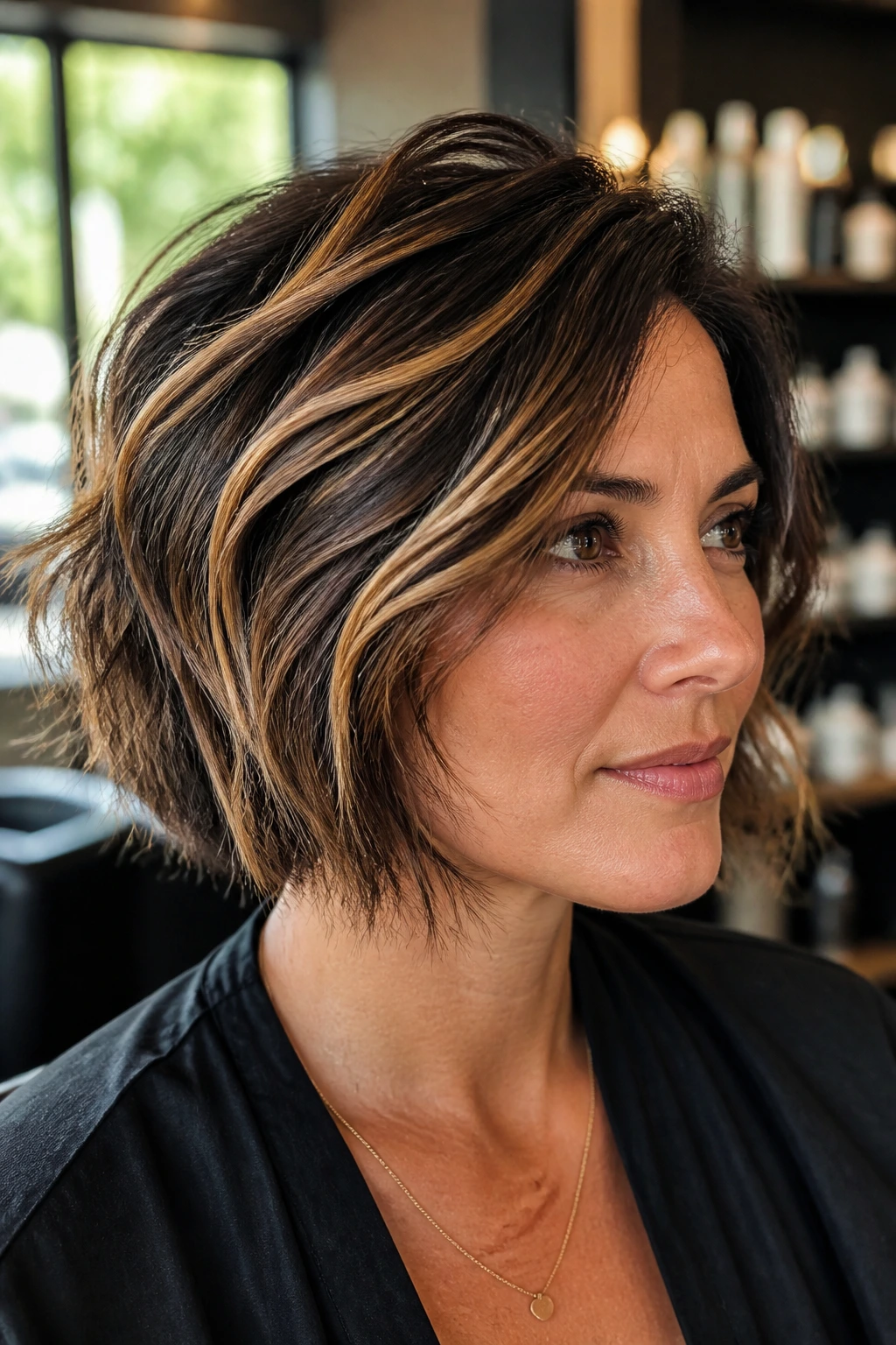 Textured bob with caramel ribbon highlights around the crown and face