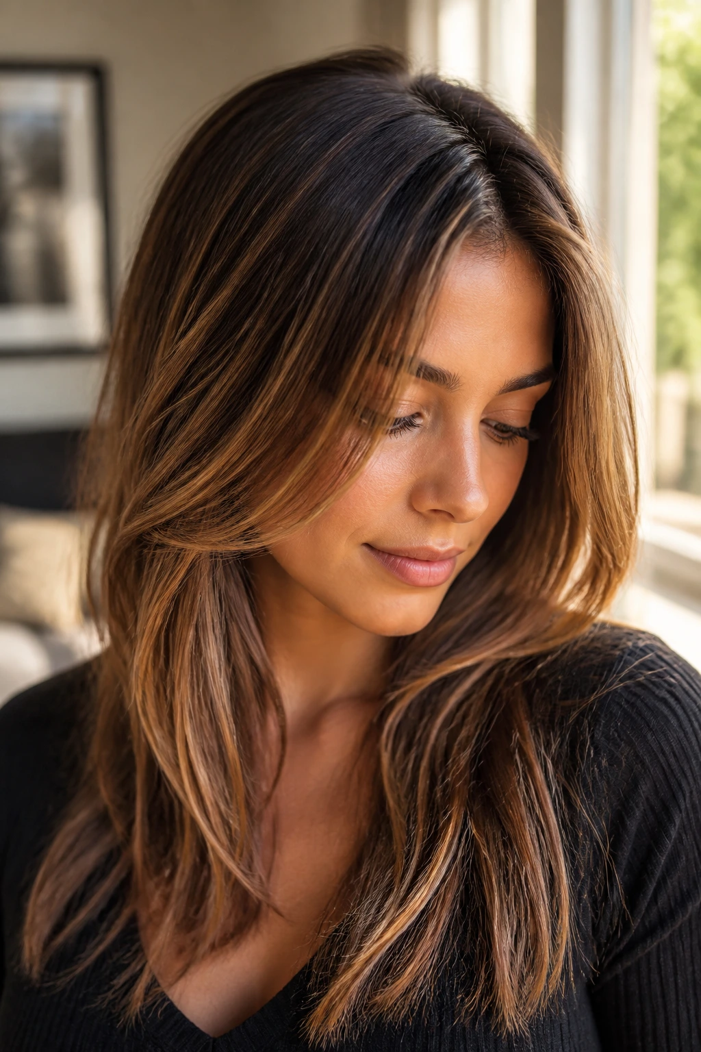 Brunette with caramel veil highlights along outer layers, lit by warm window light.