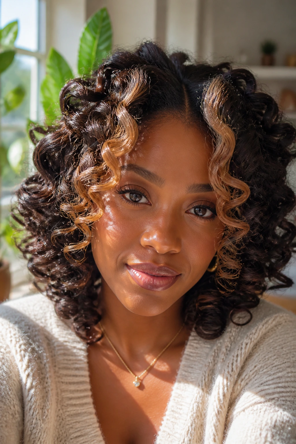 Close-up of a curl set with caramel face-framing highlights around the face.