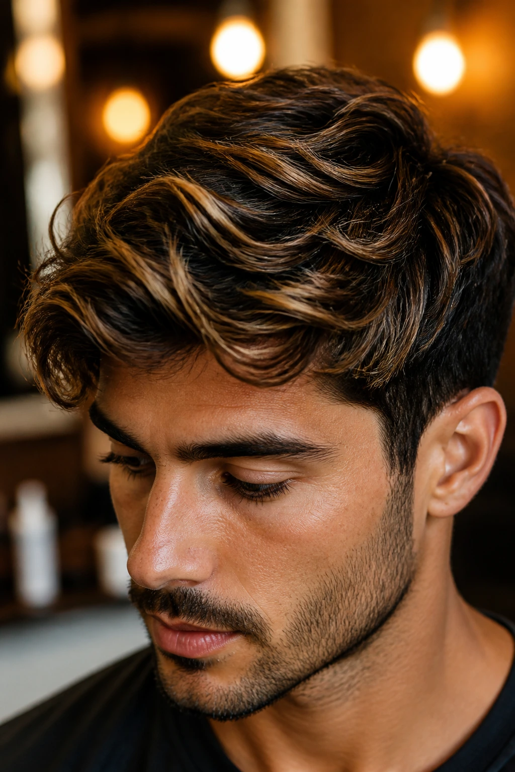 Close-up of a real person with dark brown hair showing caramel highlights