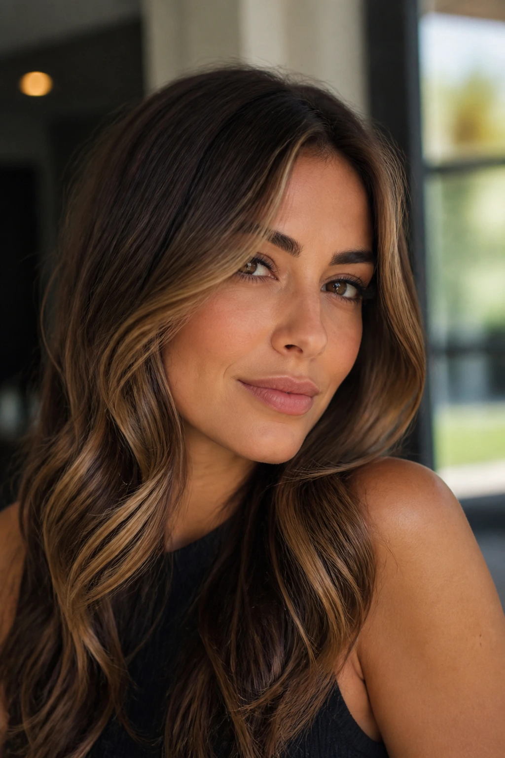 Brunette with caramel face-framing highlights around the cheeks