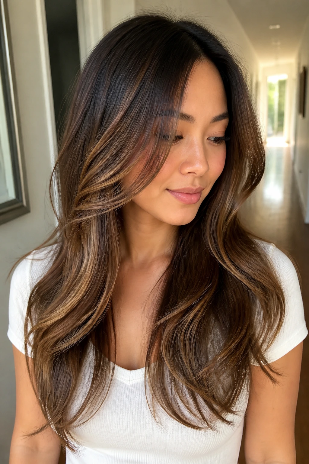 Woman with caramel drizzle on long layered hair in sunlit setting