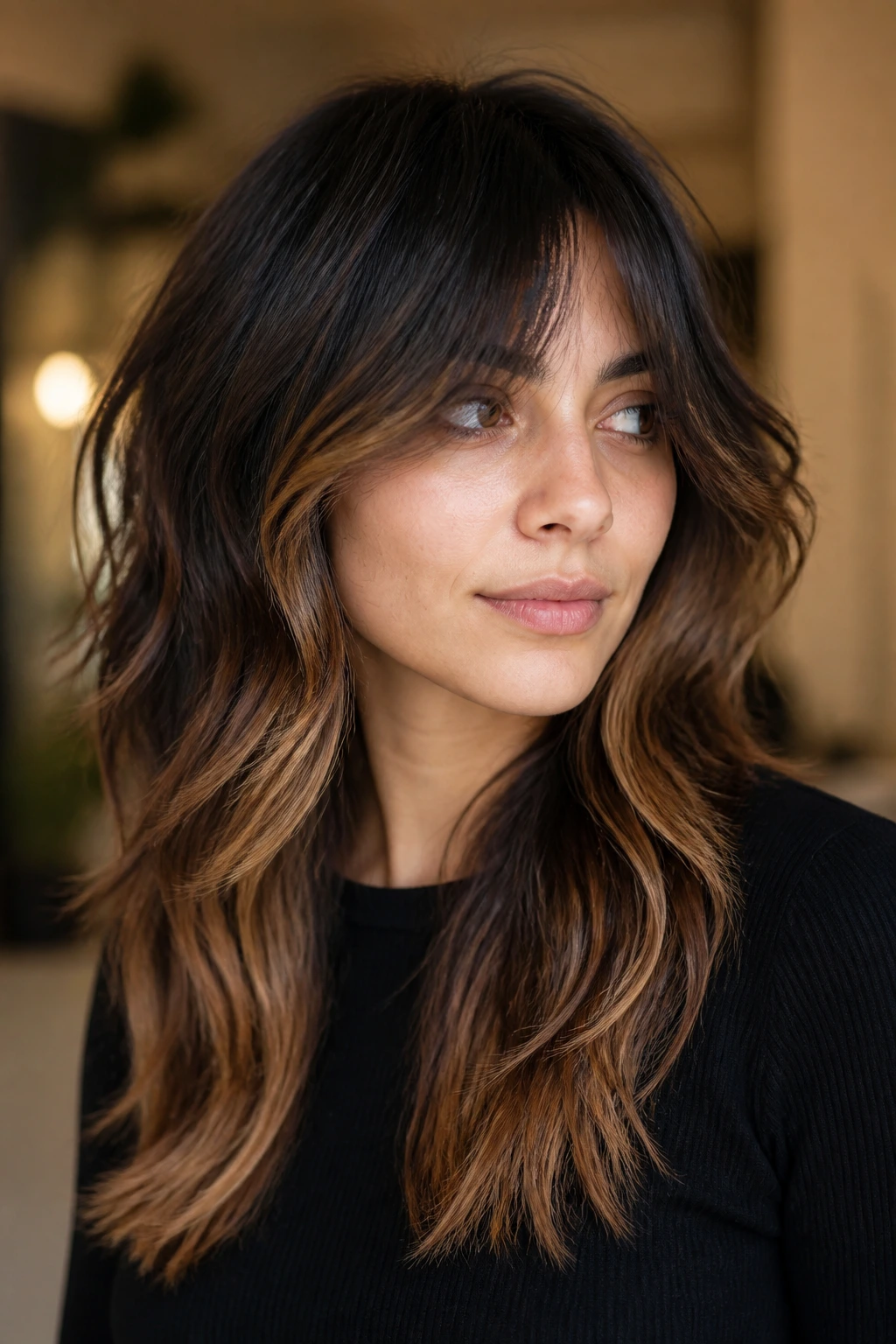 Close-up of a person with caramel highlights on a long wolf cut.