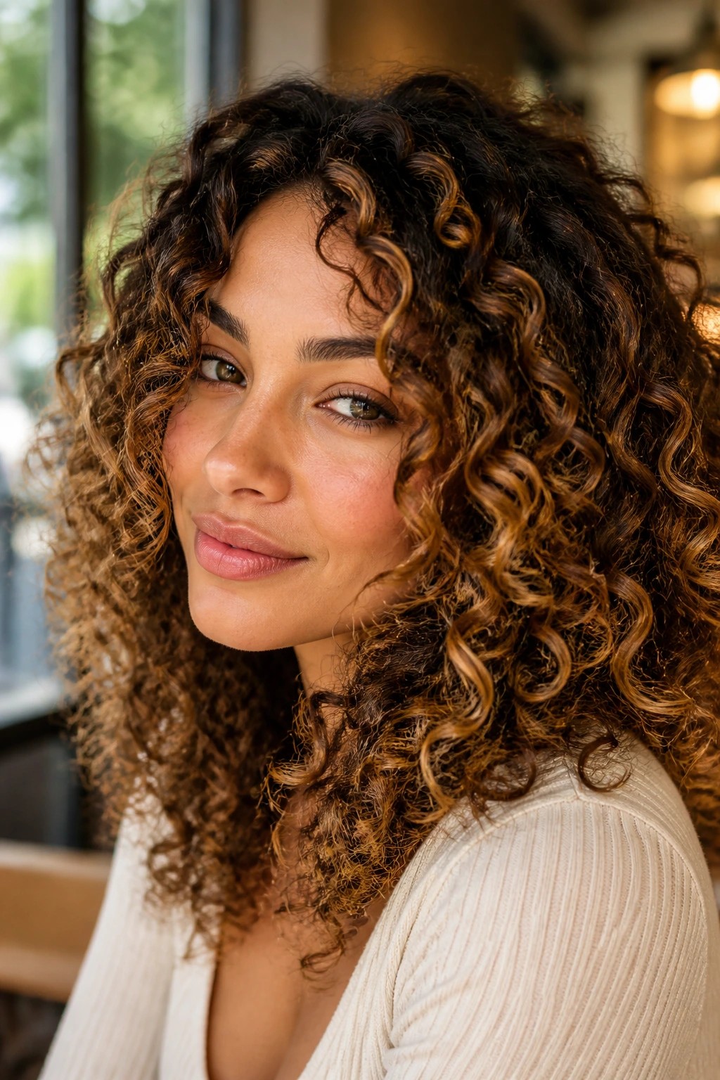 Close-up of medium curls with caramel honey ribbons