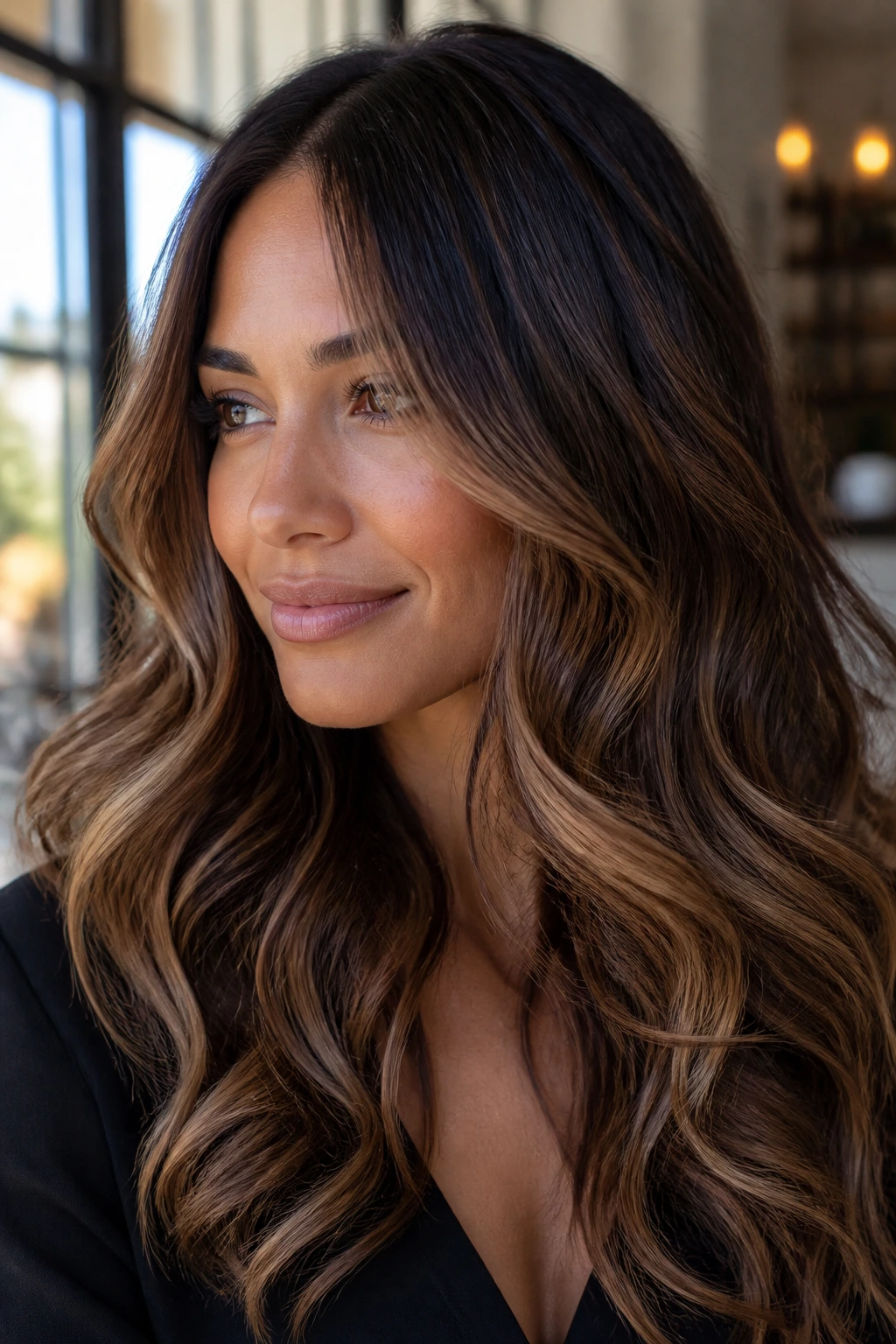 Close-up of dark chocolate base with caramel melt balayage