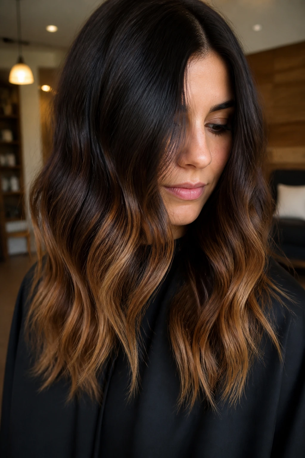 Brunette with caramel melt ends in soft waves under warm lighting