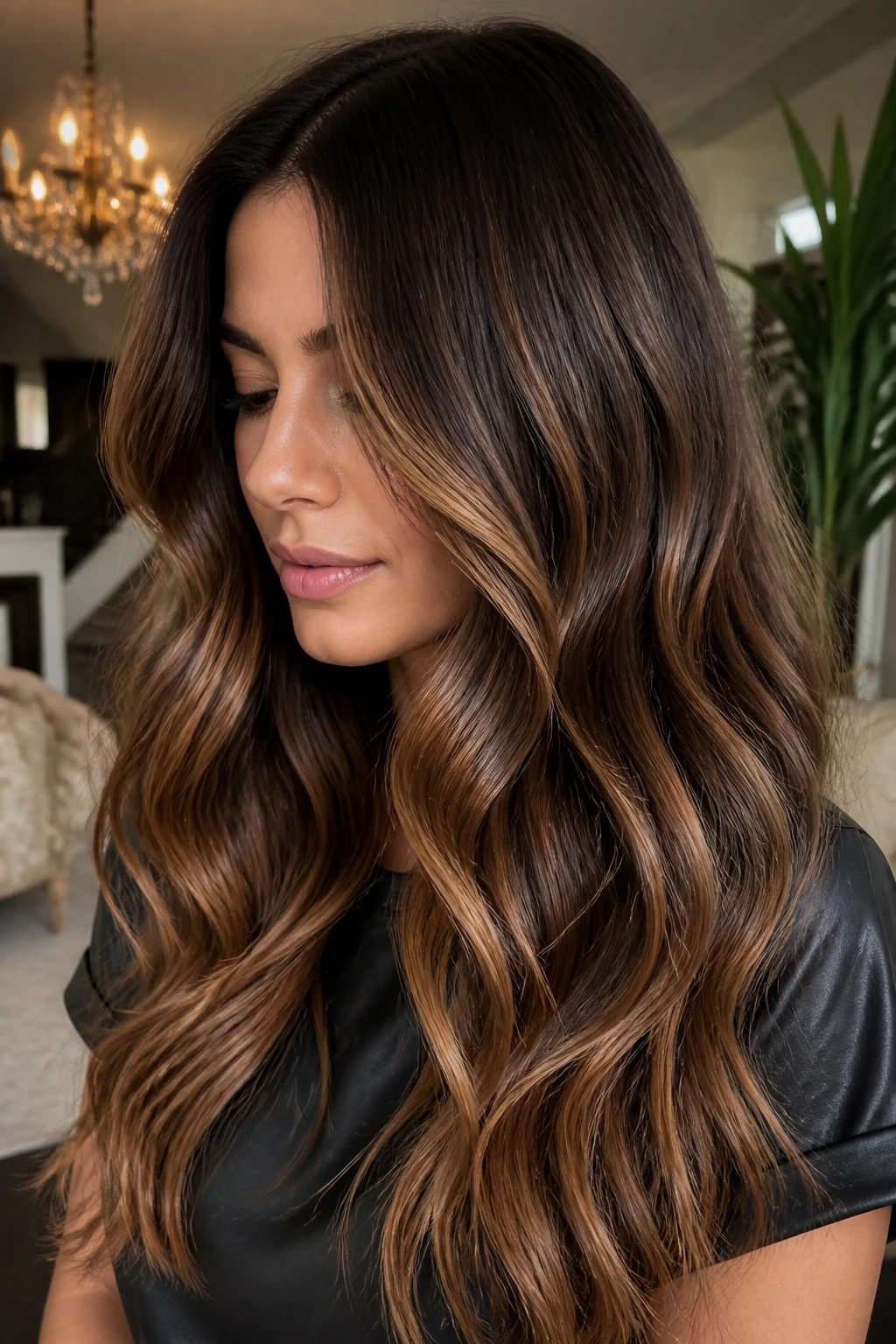 Portrait of long hair with caramel mocha balayage, showing depth and caramel ribbons.