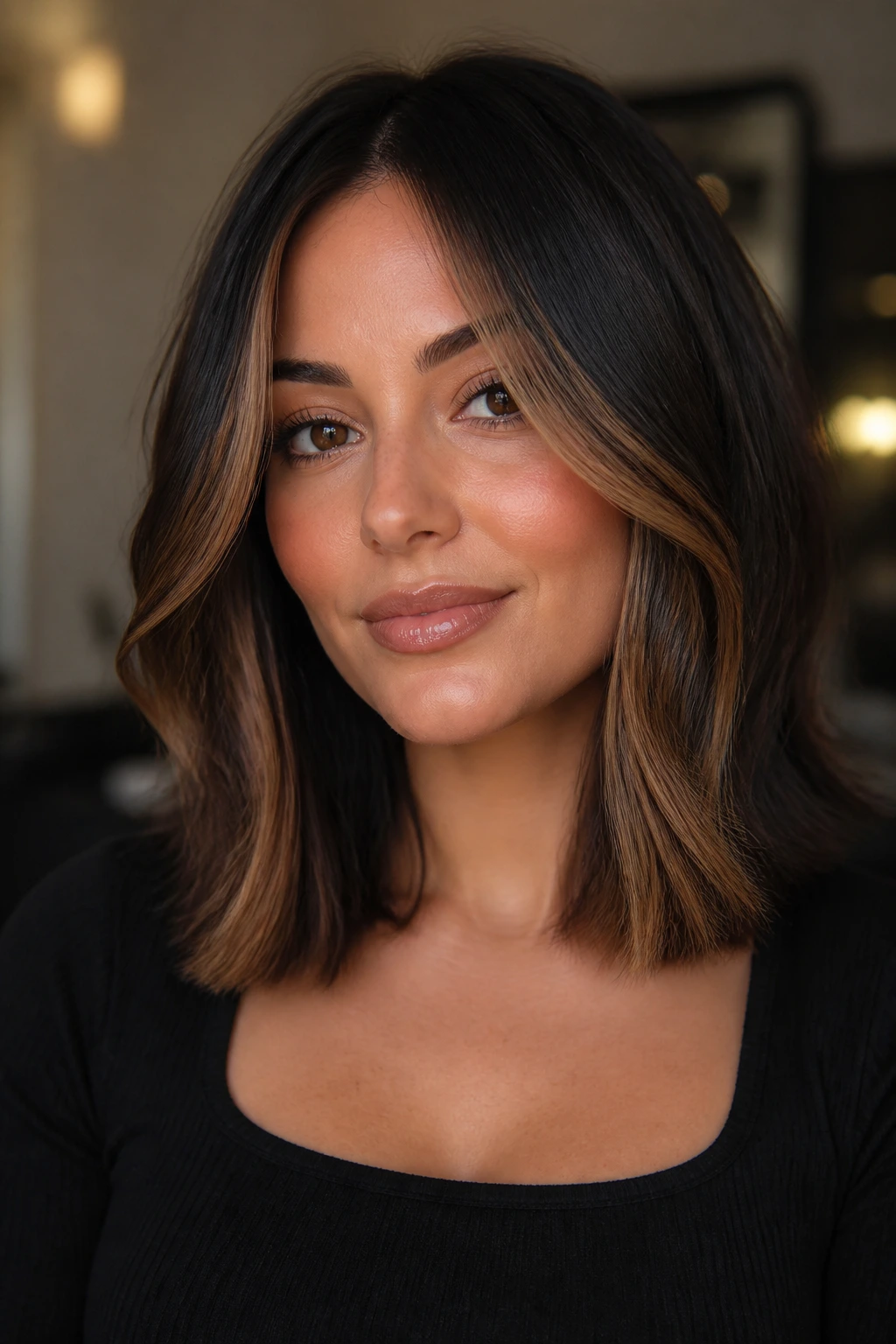 Caramel face-framing pieces on shoulder-length black hair