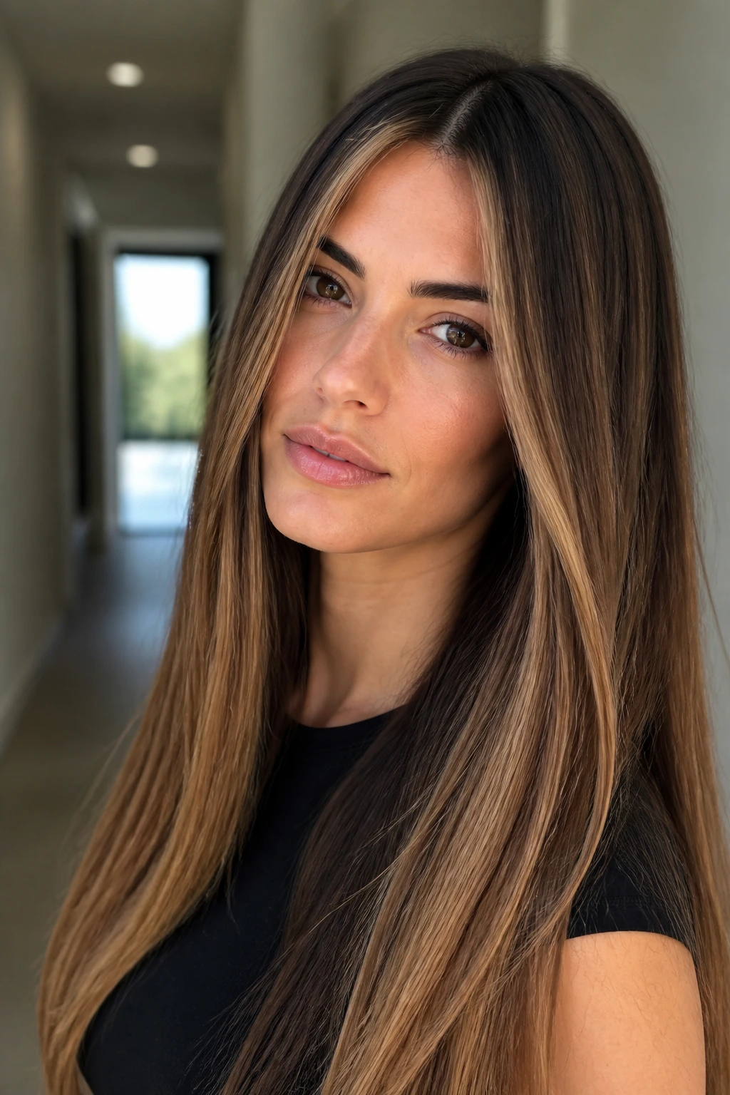 Portrait of long straight hair with caramel money pieces framing the face