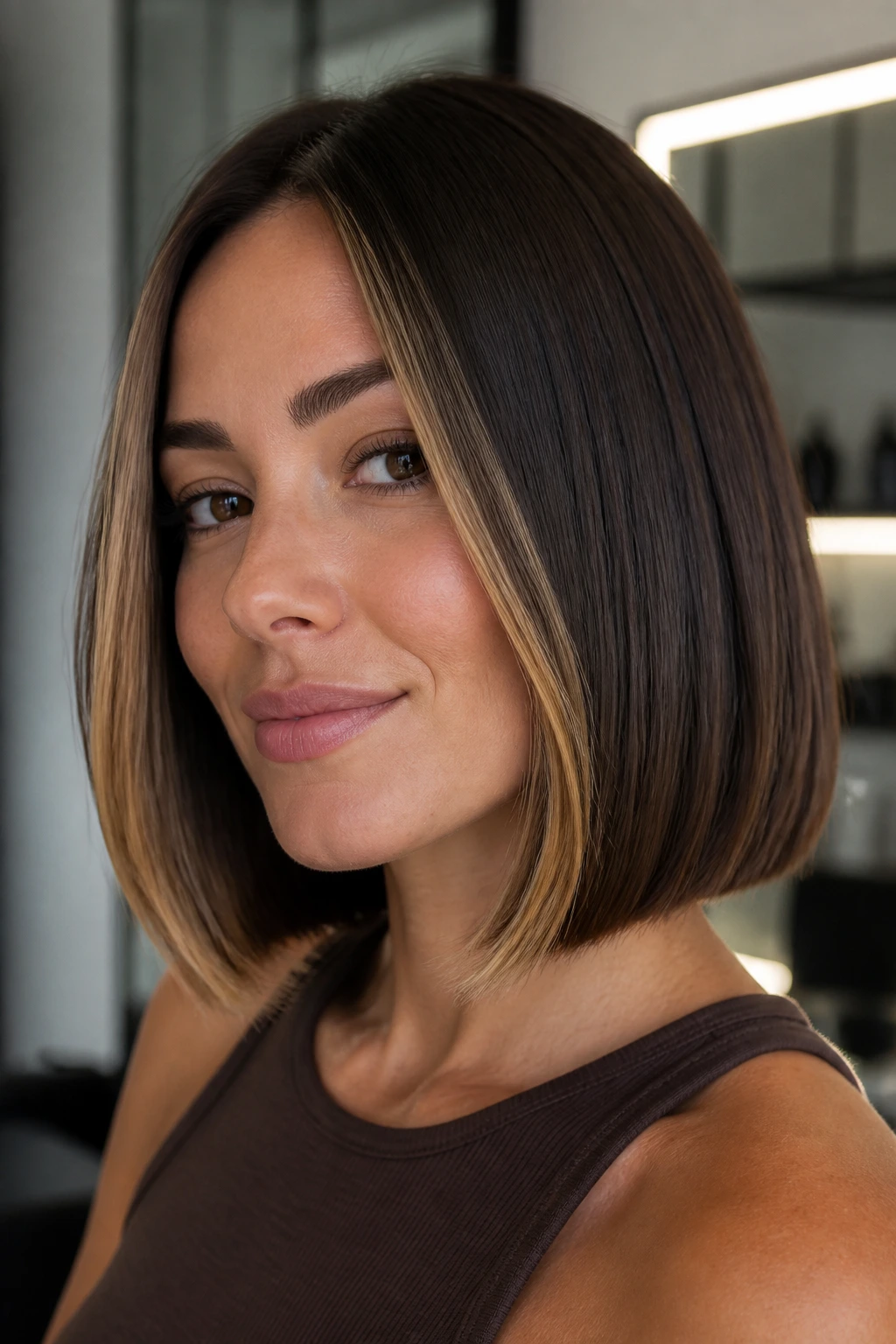 Close-up of caramel money piece in a sleek bob on a real person