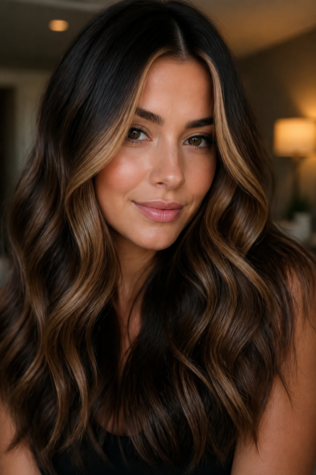 Caramel money pieces framing face on long brunette waves