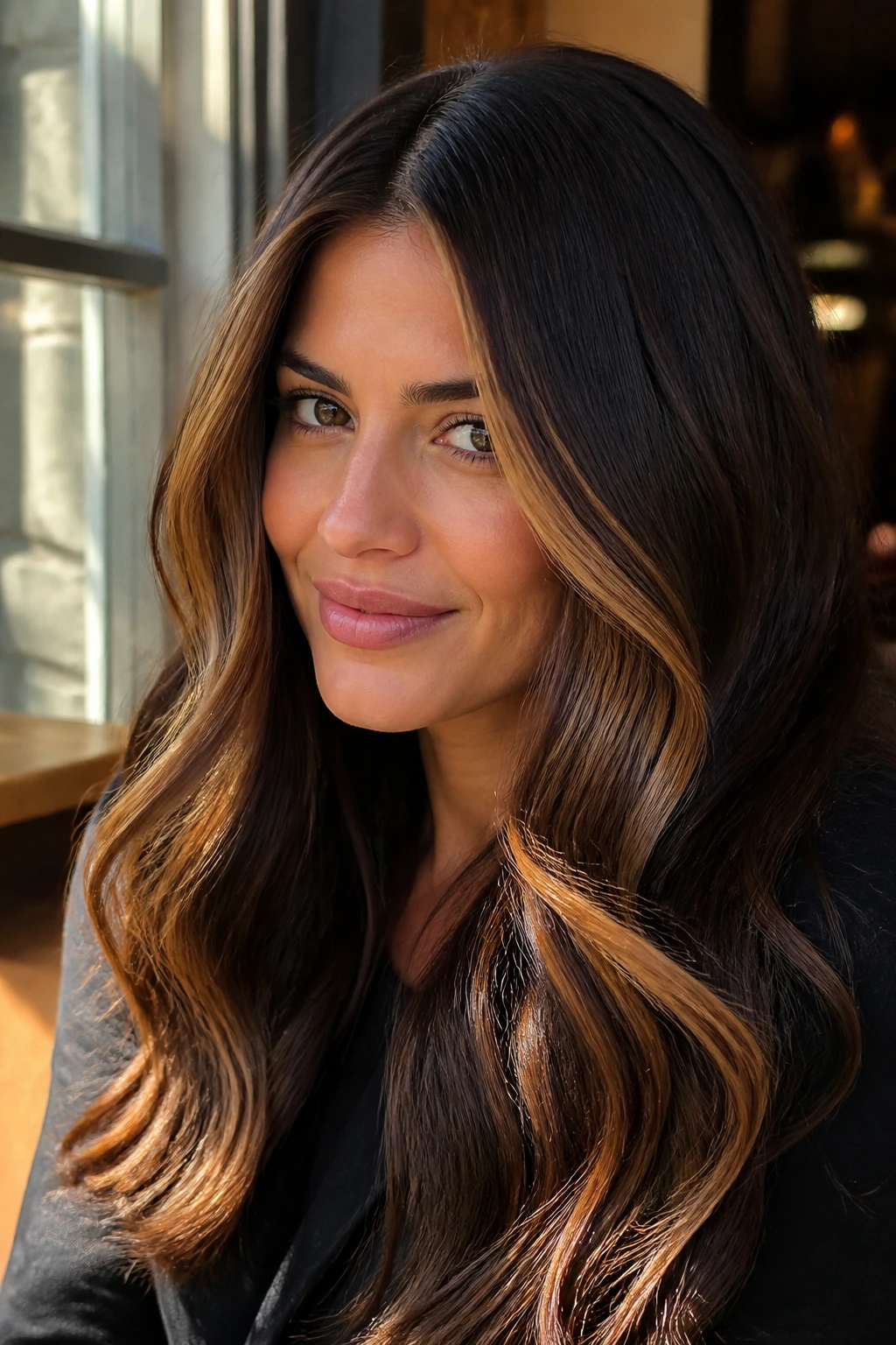 Close-up of a real woman with dark brunette hair and caramel money pieces framing the face