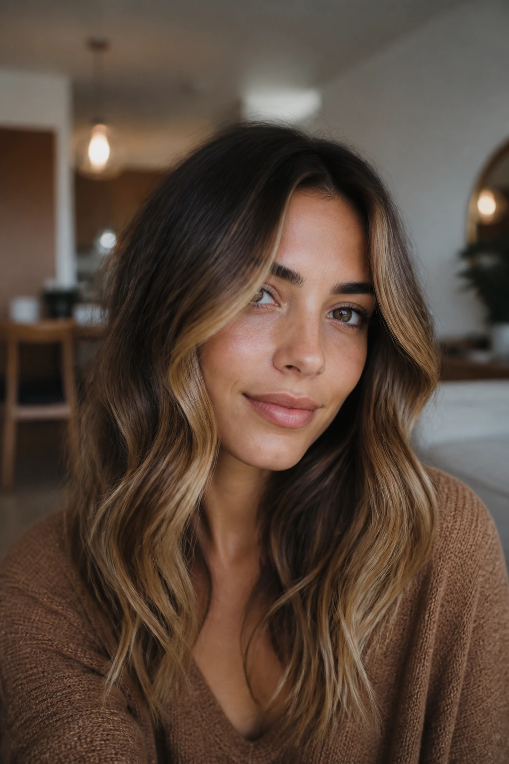 Portrait of brunette with caramel money piece and dark blonde ends