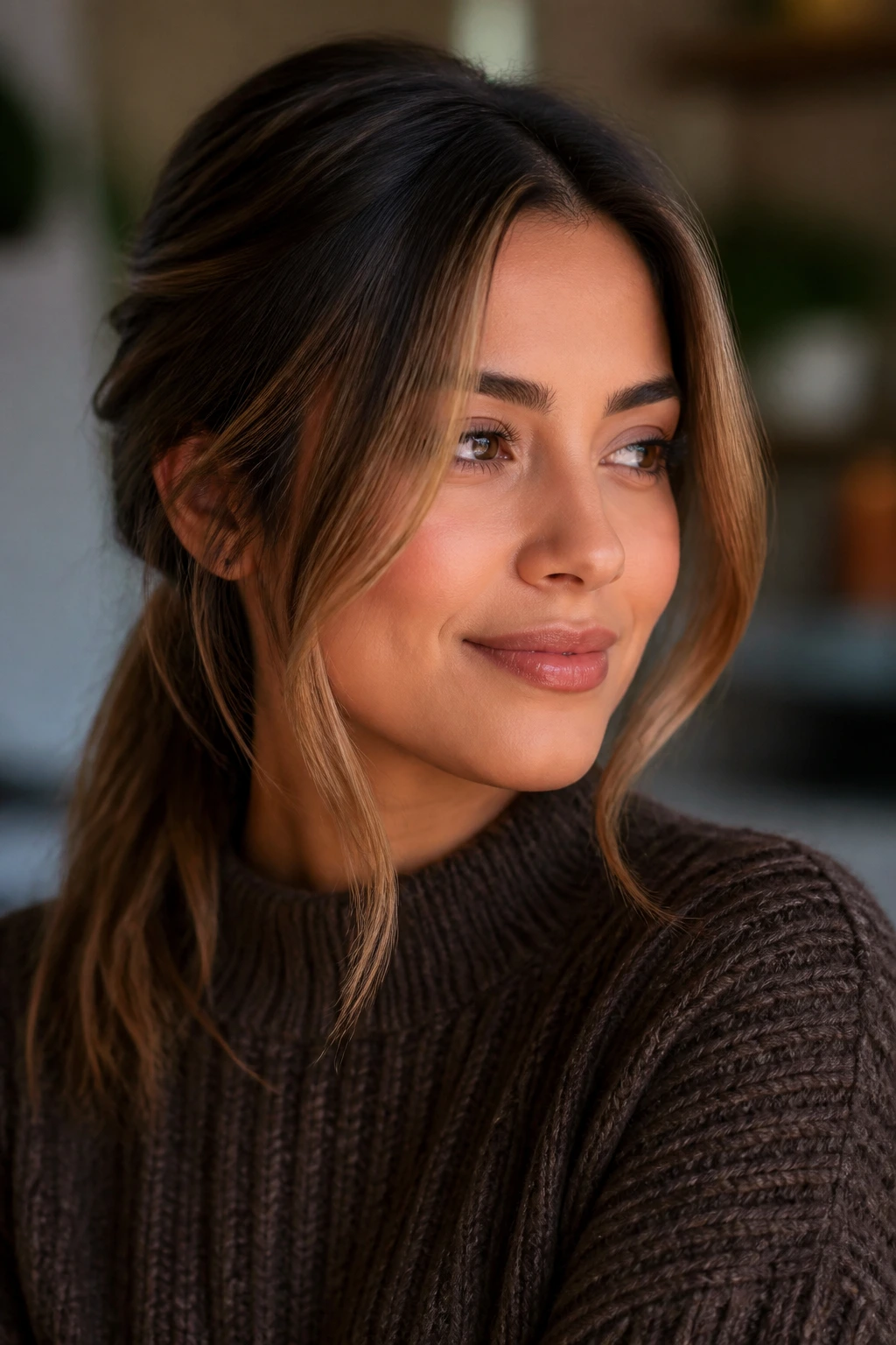 Close-up of a person with a caramel money piece framing the face.