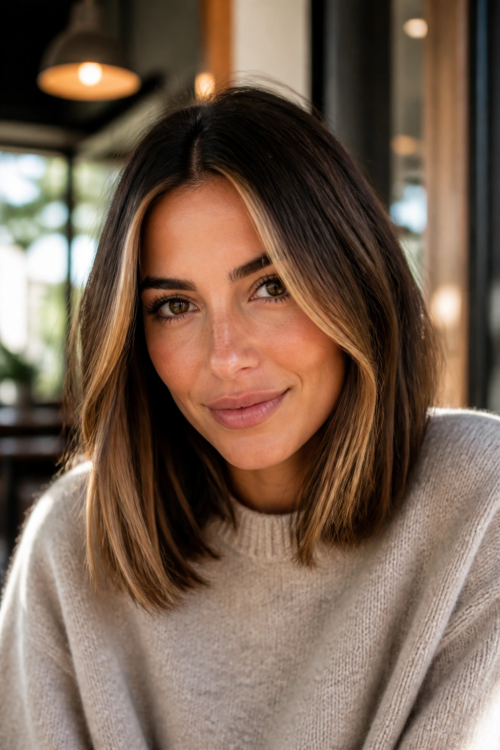 Close-up of a real woman with caramel money piece lob